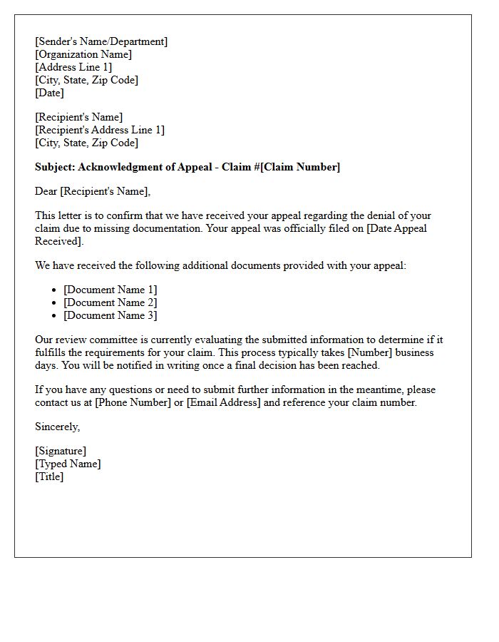 Missing Documentation Claim Appeal Acknowledgment Letter