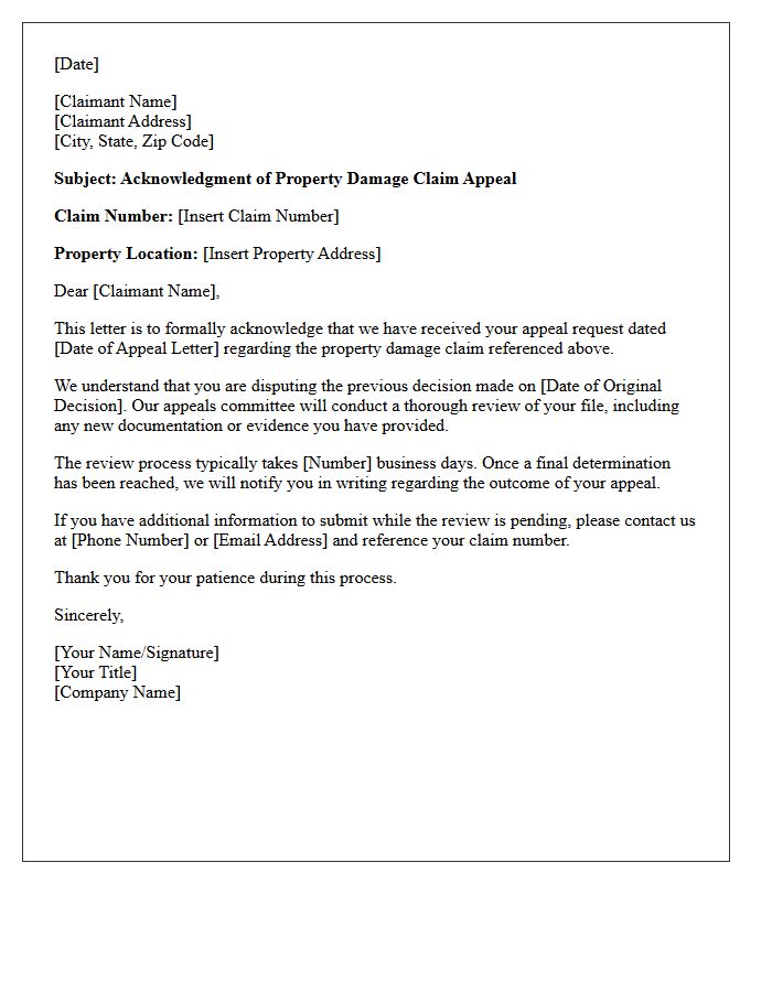 Property Damage Claim Appeal Acknowledgment Letter