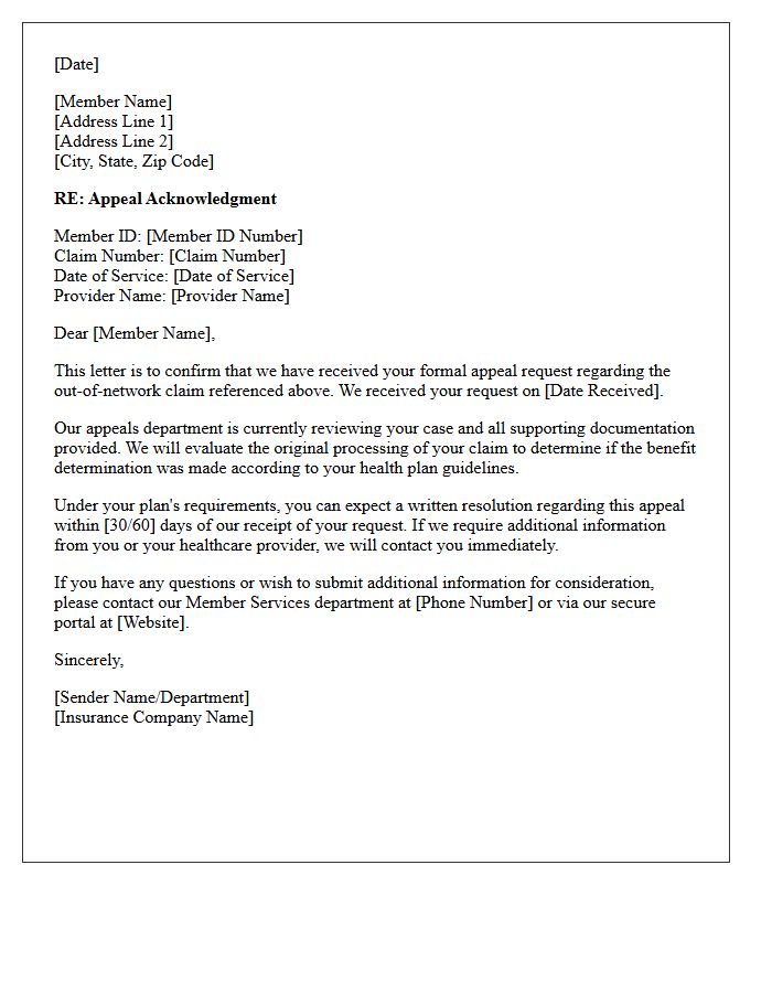 Out Of Network Claim Appeal Acknowledgment Letter