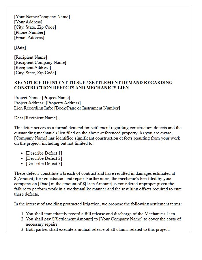 Commercial Project Construction Defect Mechanic's Lien Settlement Demand Letter
