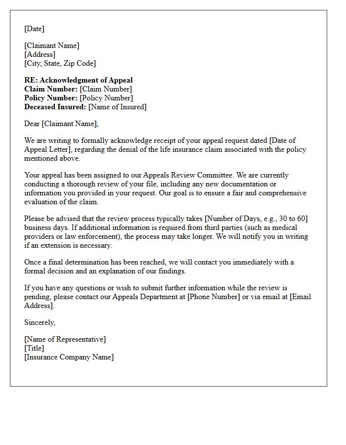 Life Insurance Claim Appeal Acknowledgment Letter