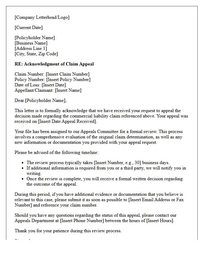 Commercial Liability Claim Appeal Acknowledgment Letter