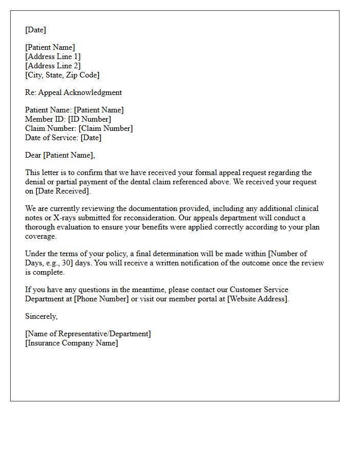 Dental Benefit Claim Appeal Acknowledgment Letter