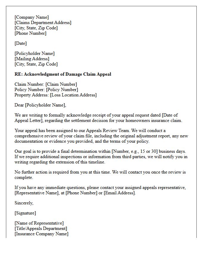 Homeowners Damage Claim Appeal Acknowledgment Letter