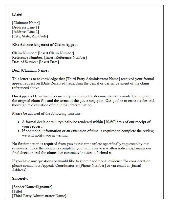Third Party Administrator Claim Appeal Acknowledgment Letter