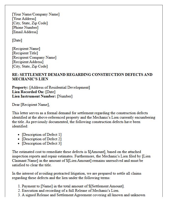 Residential Development Construction Defect Mechanic's Lien Settlement Demand Letter