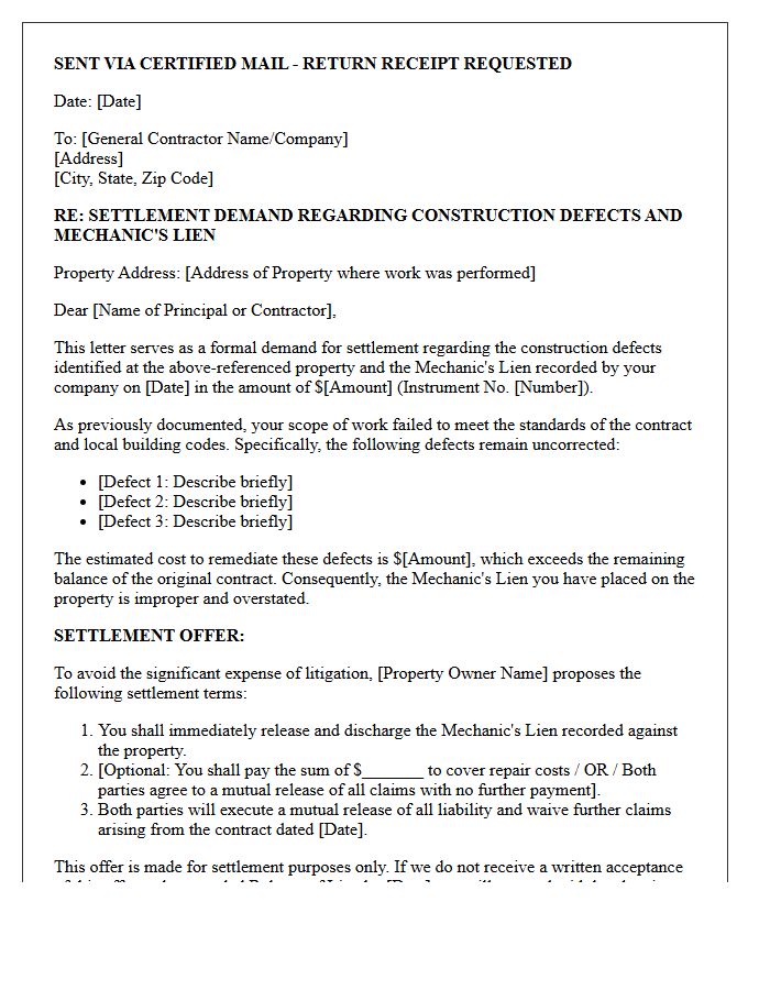 General Contractor Construction Defect Mechanic's Lien Settlement Demand Letter