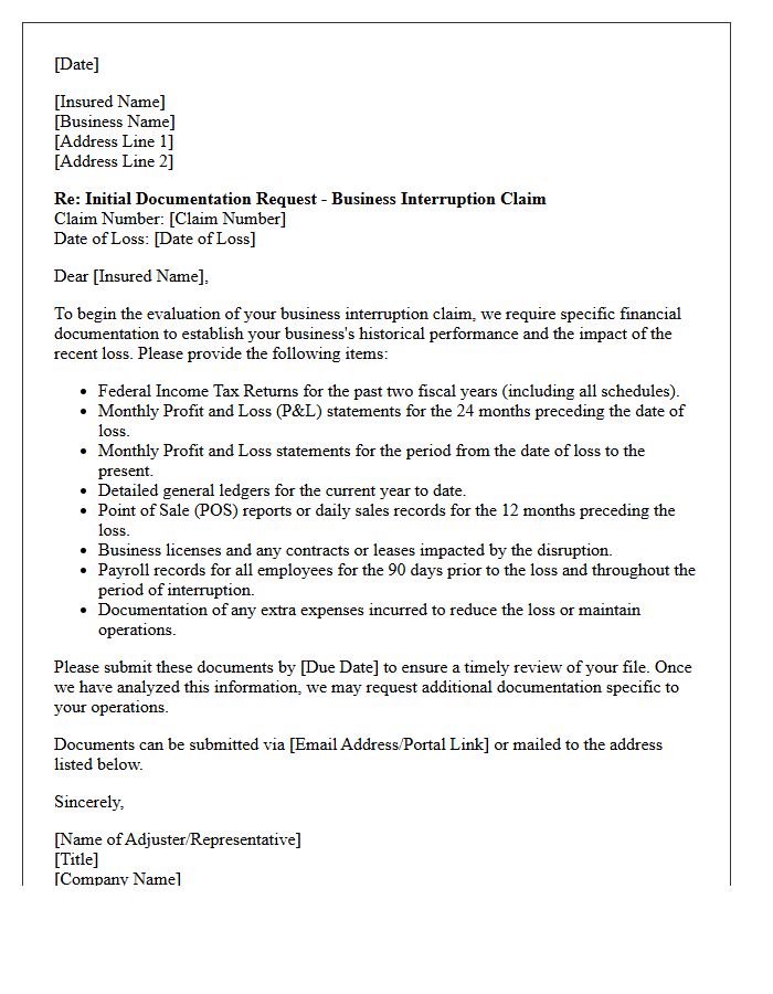 Initial Business Interruption Loss Financial Documentation Request Letter