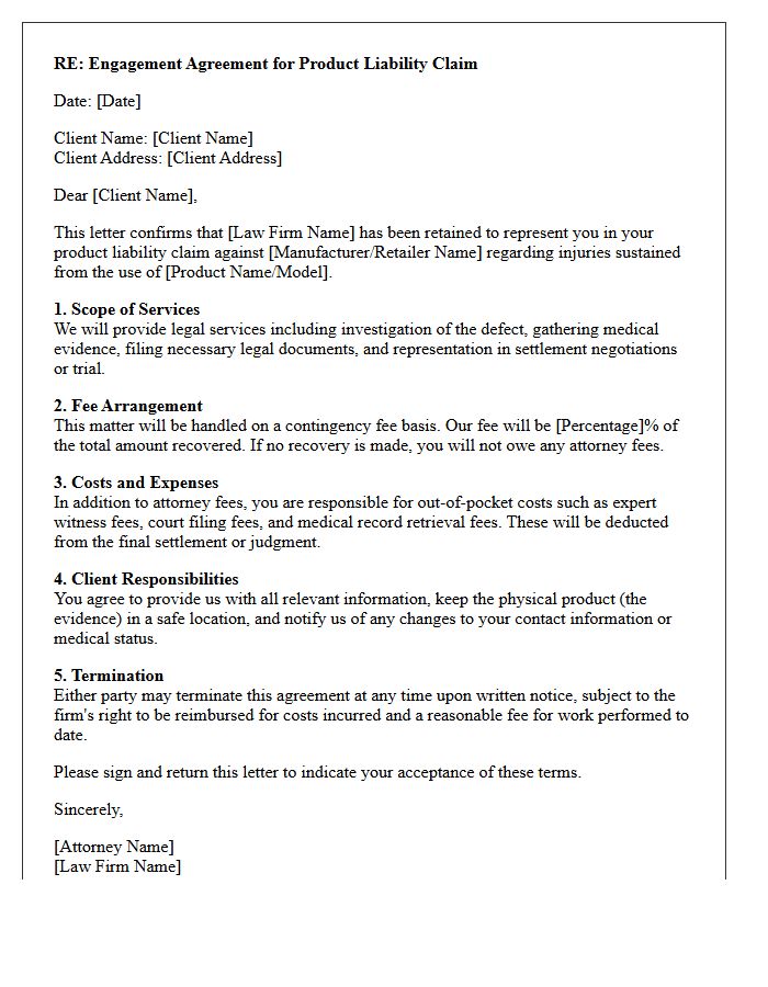 Product Liability Claim Engagement Letter