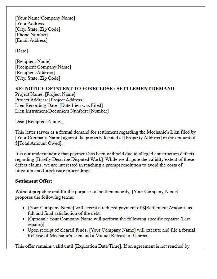 Subcontractor Construction Defect Mechanic's Lien Settlement Demand Letter