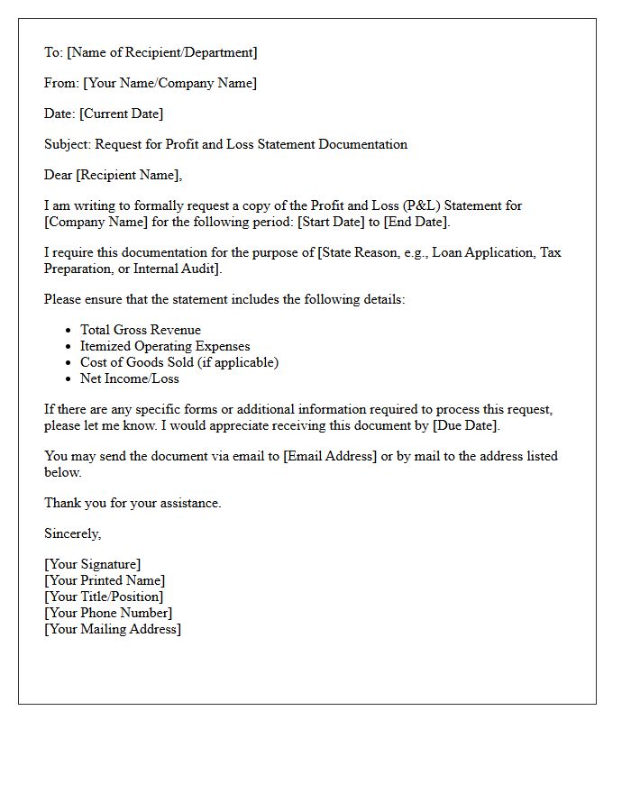 Profit And Loss Statement Documentation Request Letter