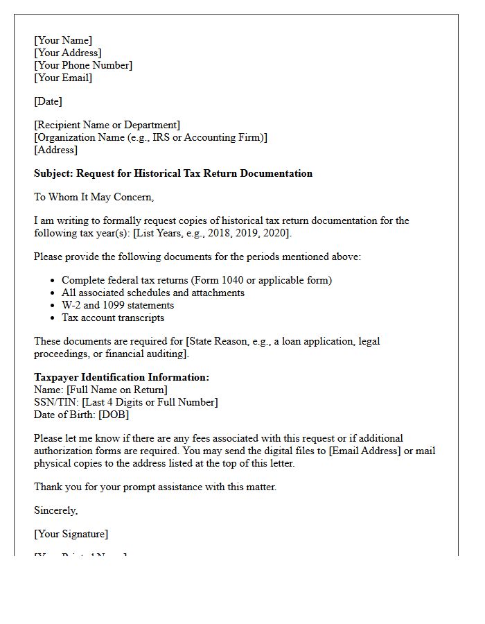 Historical Tax Return Financial Documentation Request Letter