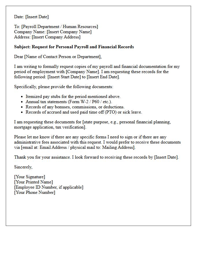 Employee Payroll Records Financial Documentation Request Letter