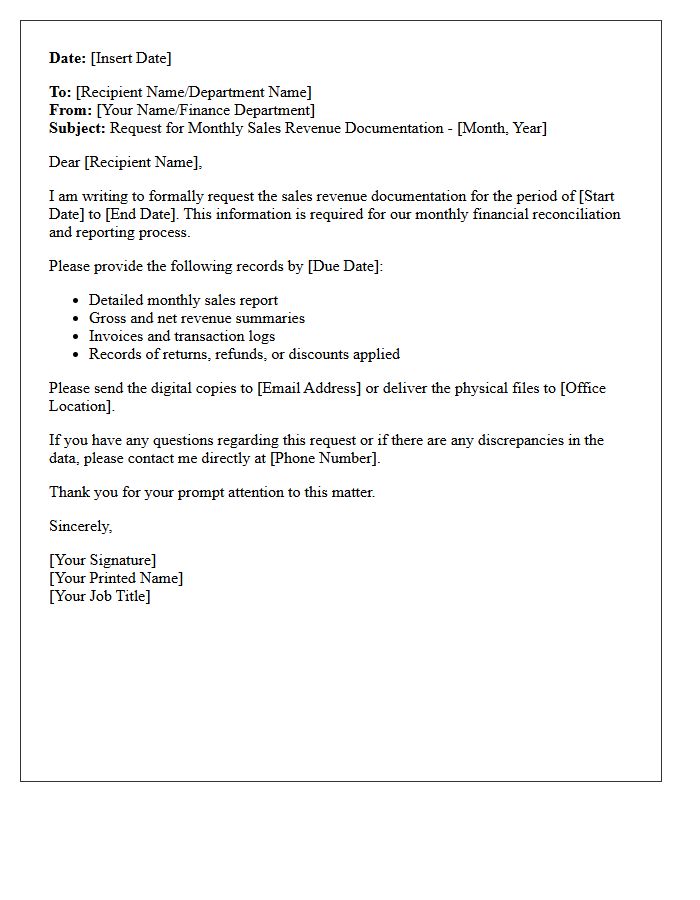 Monthly Sales Revenue Financial Documentation Request Letter