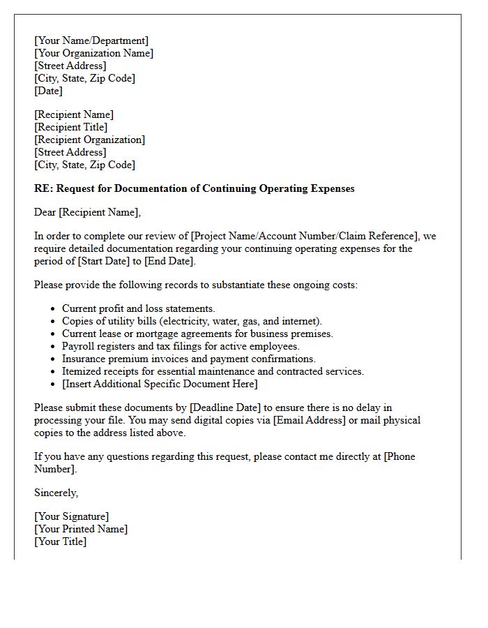 Continuing Operating Expenses Documentation Request Letter
