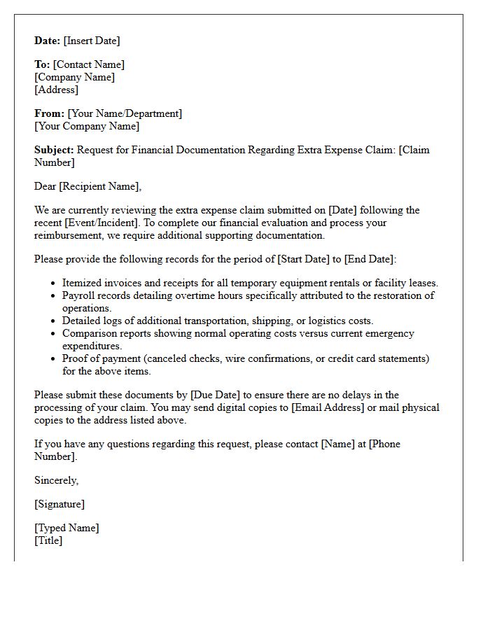 Extra Expense Claim Financial Documentation Request Letter