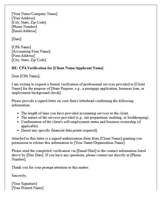 Certified Public Accountant Verification Request Letter
