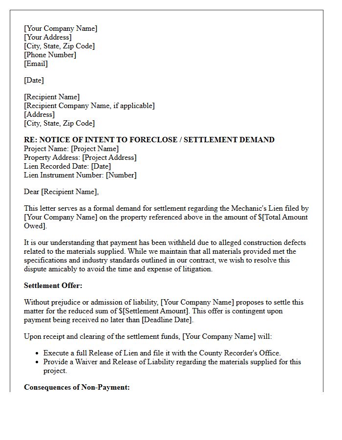 Material Supplier Construction Defect Mechanic's Lien Settlement Demand Letter
