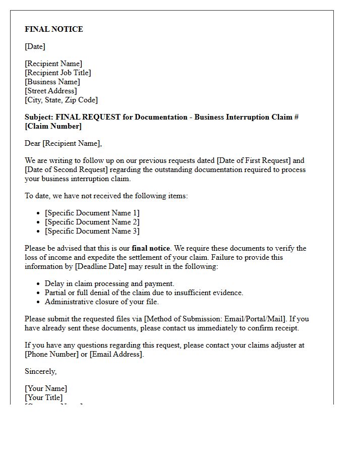 Final Notice Business Interruption Documentation Request Letter
