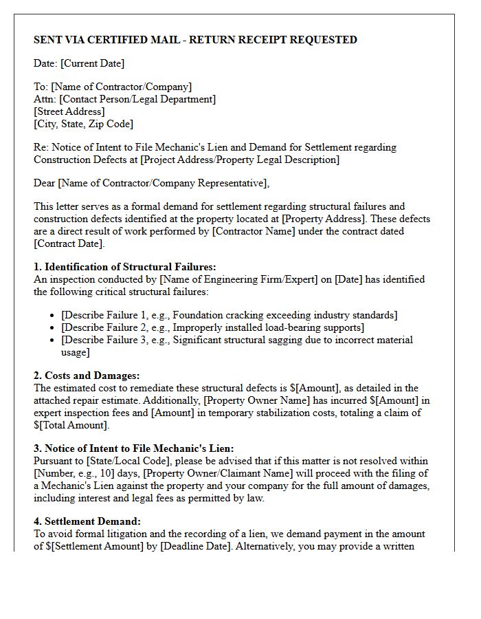 Structural Failure Construction Defect Mechanic's Lien Settlement Demand Letter