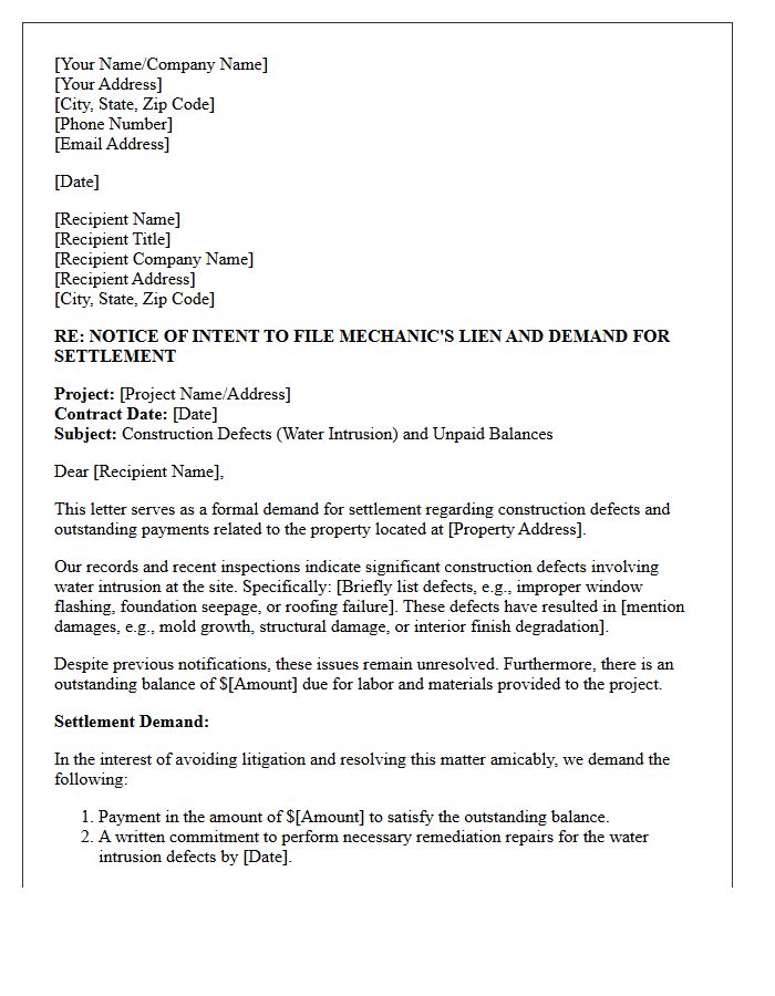 Water Intrusion Construction Defect Mechanic's Lien Settlement Demand Letter