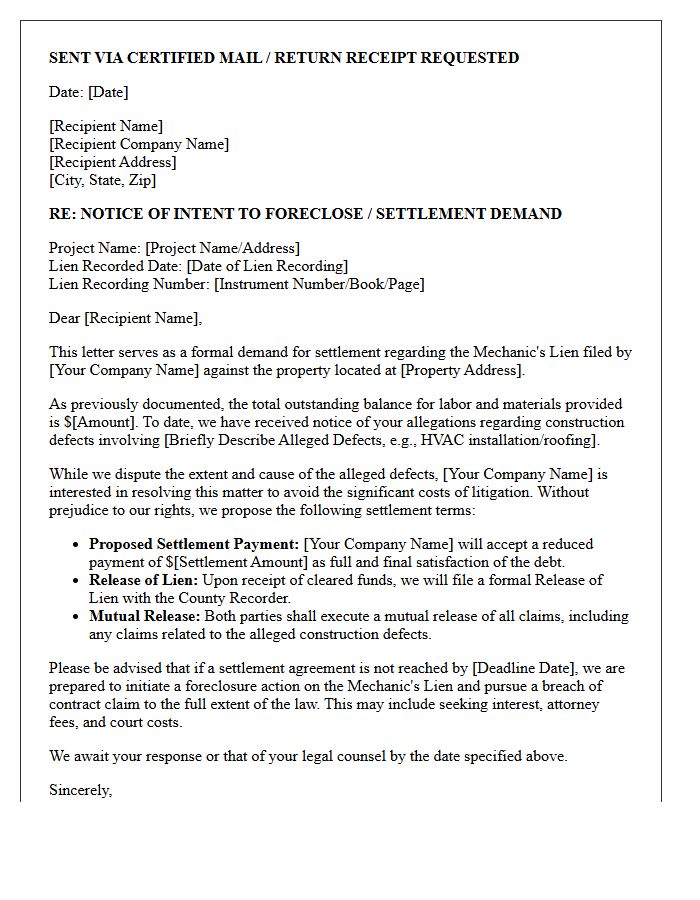 Pre-Litigation Construction Defect Mechanic's Lien Settlement Demand Letter