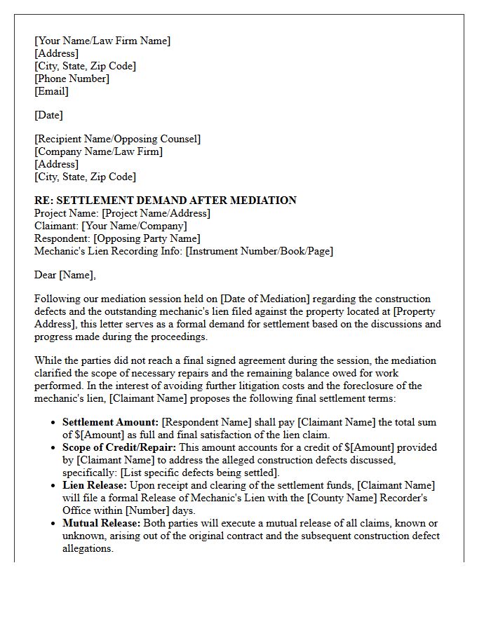Post-Mediation Construction Defect Mechanic's Lien Settlement Demand Letter