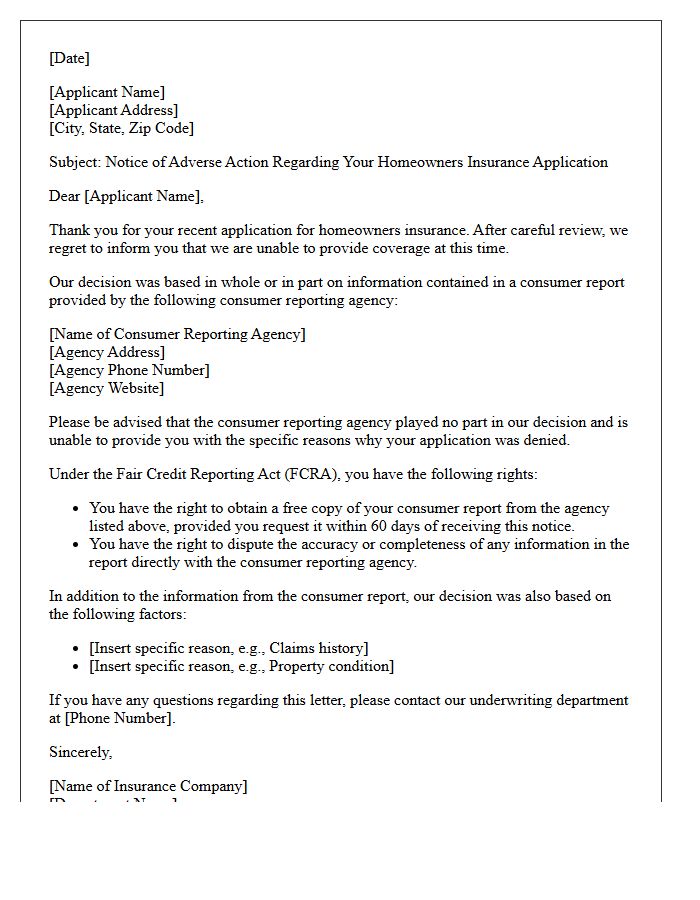 Homeowners Policy Denial Fair Credit Reporting Act Letter