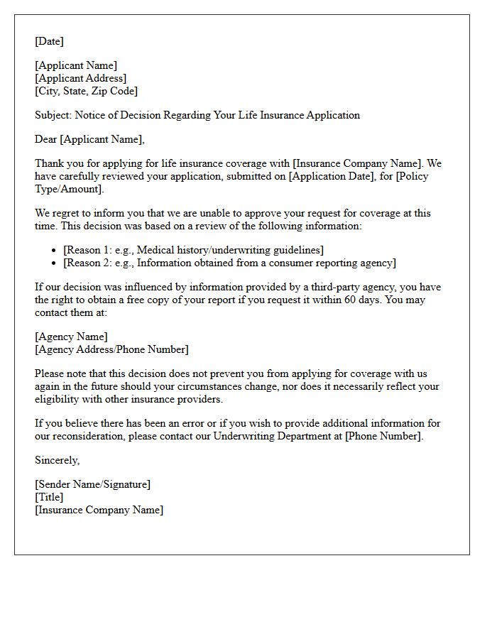 Life Insurance Coverage Declination Notice Letter