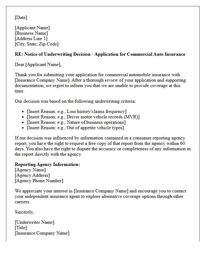 Commercial Auto Underwriting Denial Notice Letter