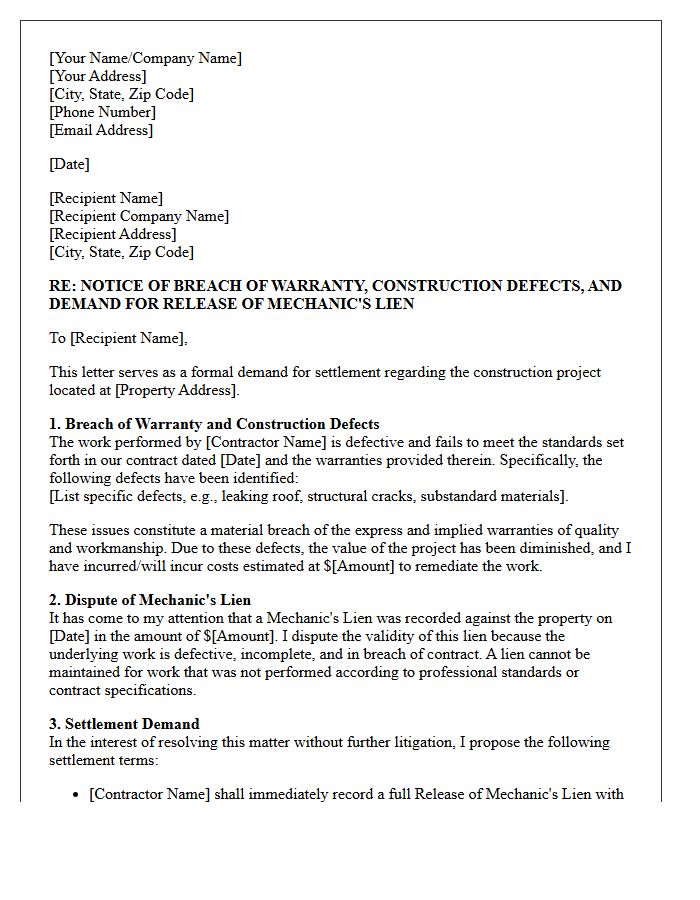 Breach Of Warranty Construction Defect Mechanic's Lien Settlement Demand Letter