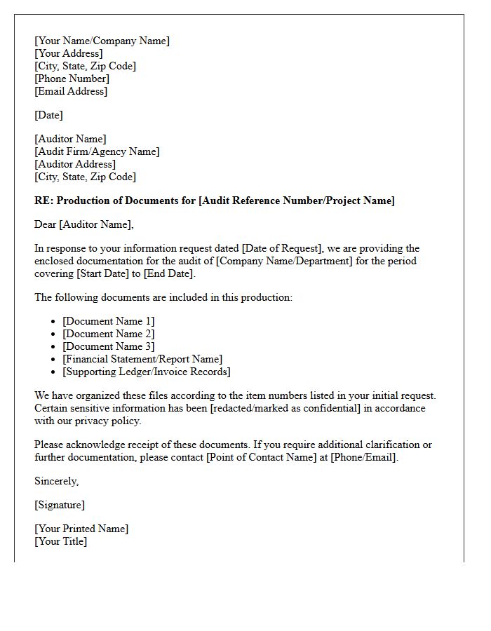 Audit Document Production Cover Letter