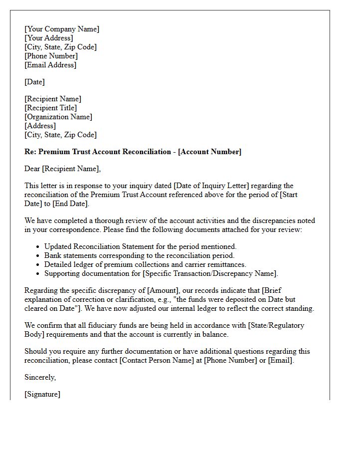 Premium Trust Account Reconciliation Response Letter