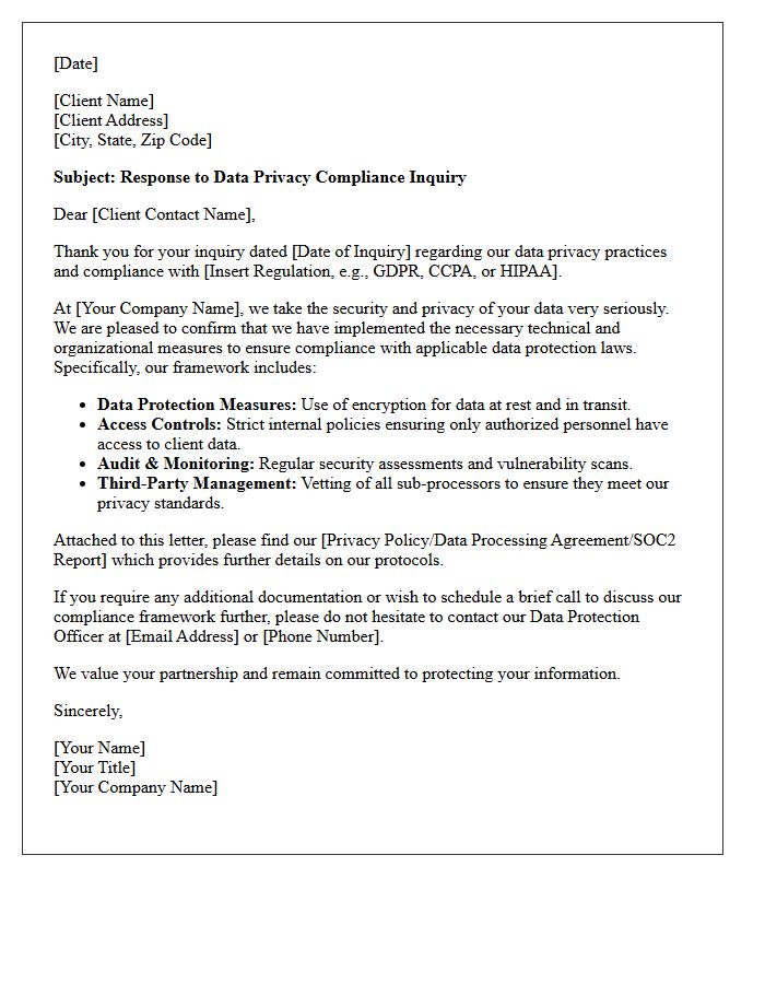 Client Data Privacy Compliance Response Letter