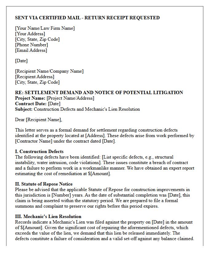 Statute Of Repose Construction Defect Mechanic's Lien Settlement Demand Letter