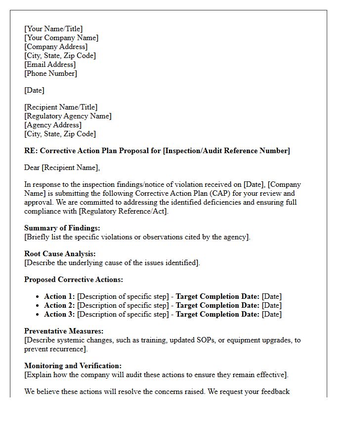 Regulatory Corrective Action Plan Proposal Letter