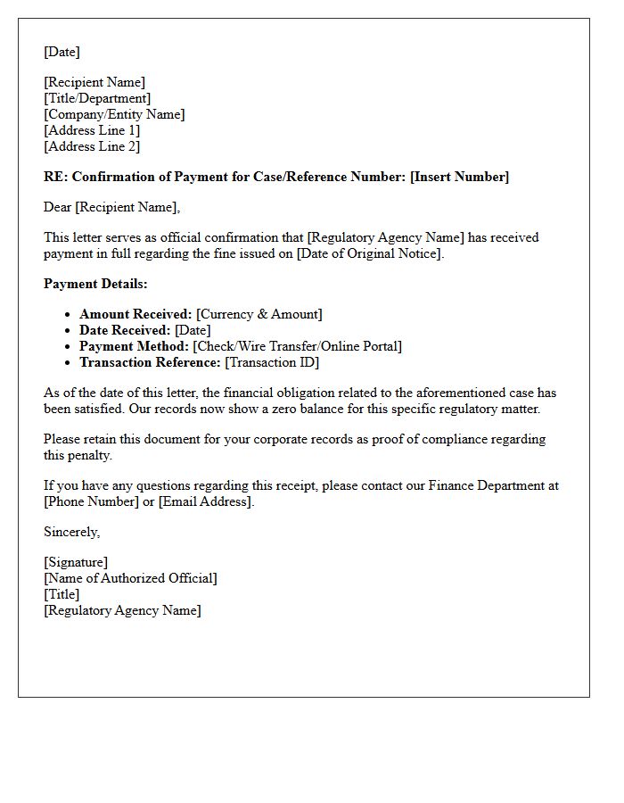 Regulatory Fine Payment Confirmation Letter