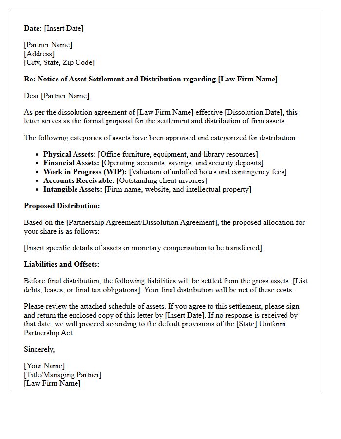 Law Firm Partnership Dissolution Asset Settlement Letter