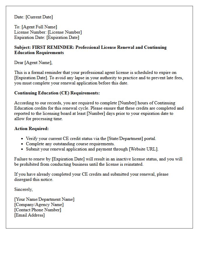 First Reminder Agent License Renewal And Continuing Education Letter