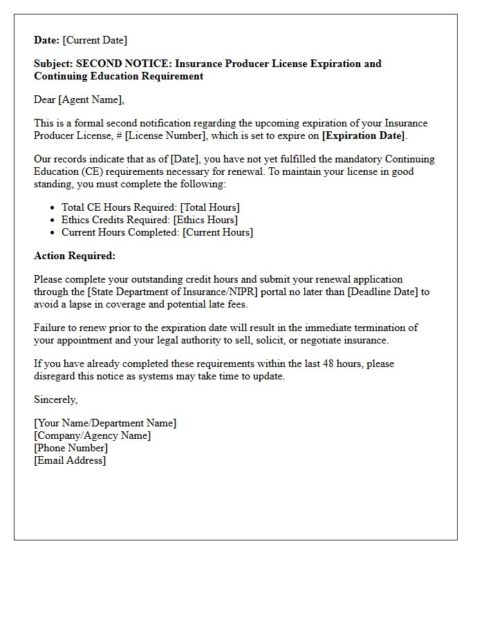 Second Notice Insurance Agent License Expiration And CE Letter