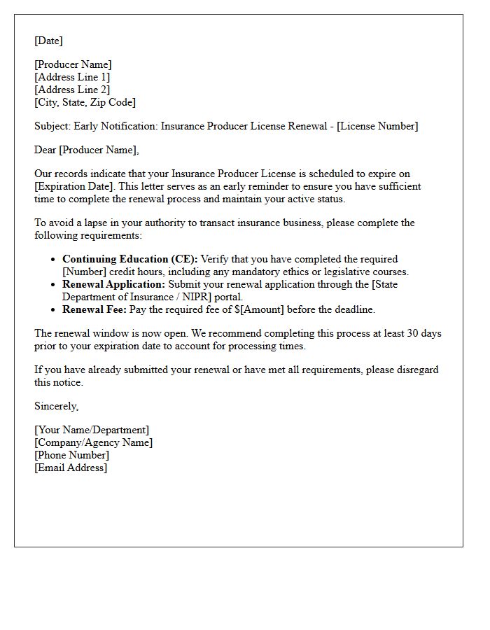 Early Notification Insurance Producer License Renewal Letter