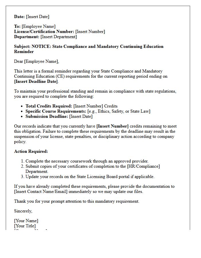 State Compliance And Mandatory Continuing Education Reminder Letter