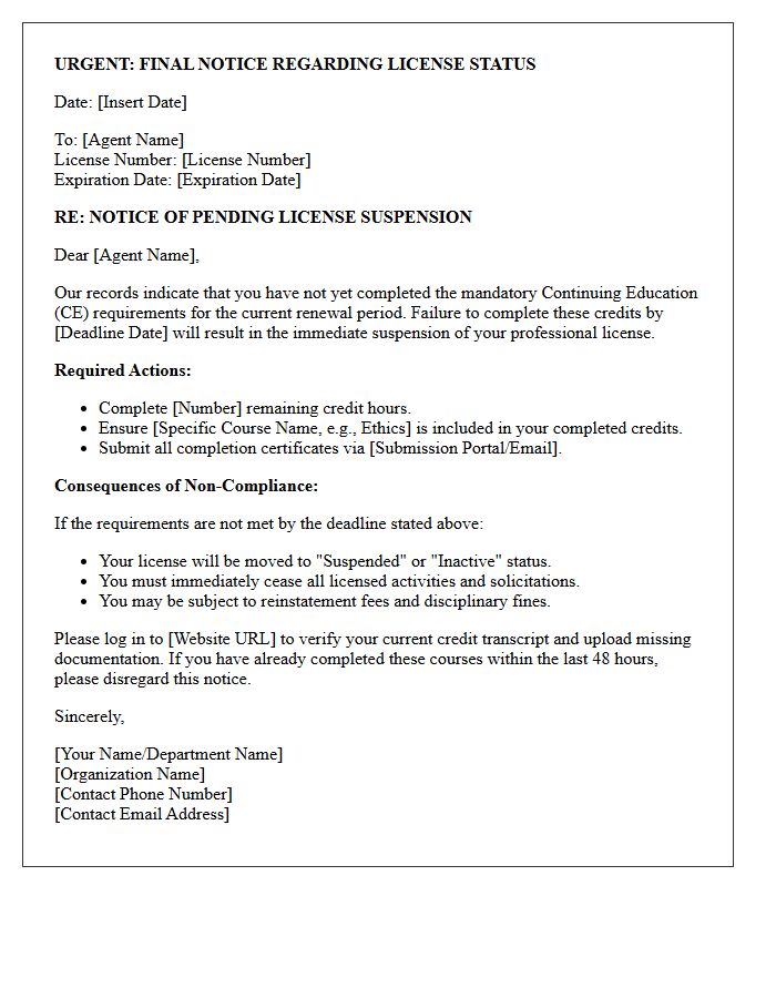 Urgent Agent License Suspension Warning And CE Requirement Letter