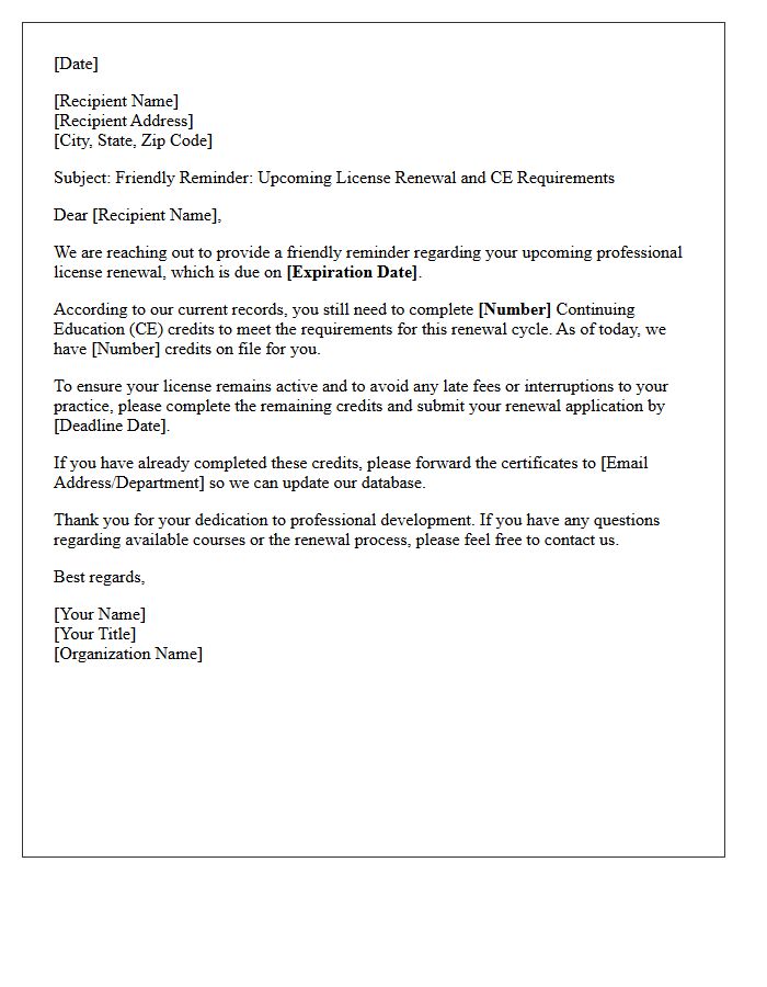 Friendly Reminder Outstanding CE Credits And License Renewal Letter