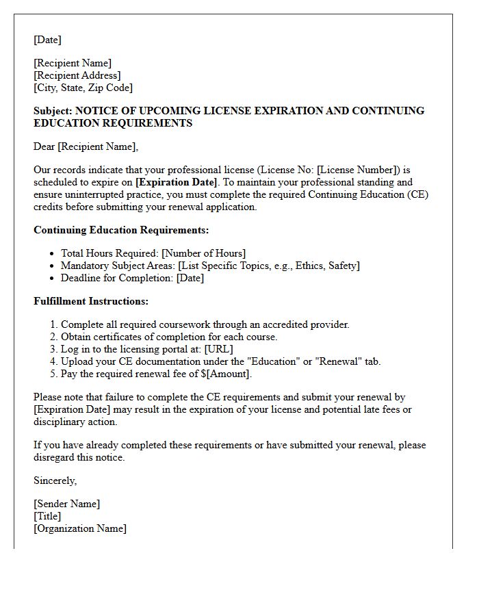 Upcoming License Expiration And CE Fulfillment Instruction Letter