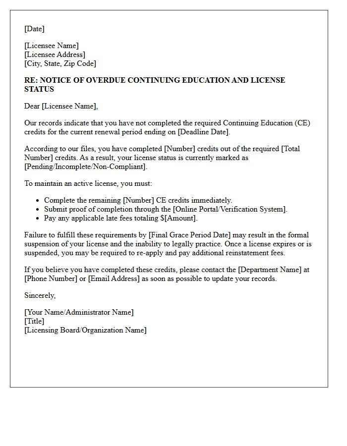 Overdue Continuing Education Completion And License Status Letter