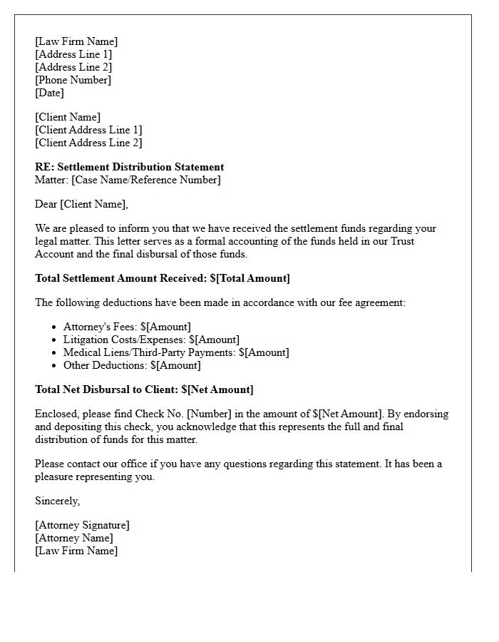 Law Firm Trust Account Disbursal Settlement Letter