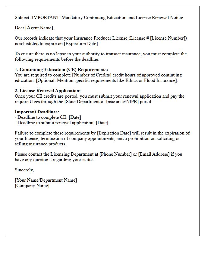Mandatory Insurance Agent Continuing Education And Renewal Letter
