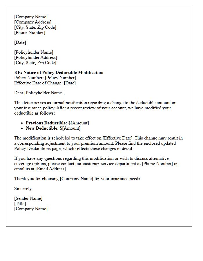 Policy Deductible Modification Notice Letter