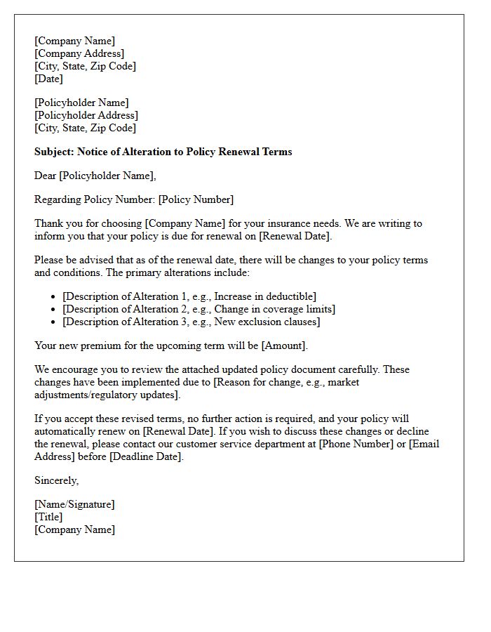 Policy Renewal Terms Alteration Letter